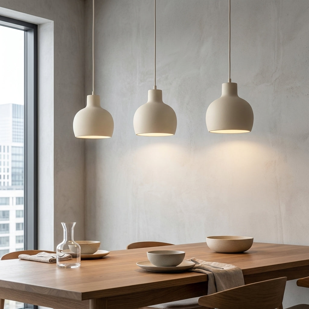 pendants hanging over a moderns kitchen table