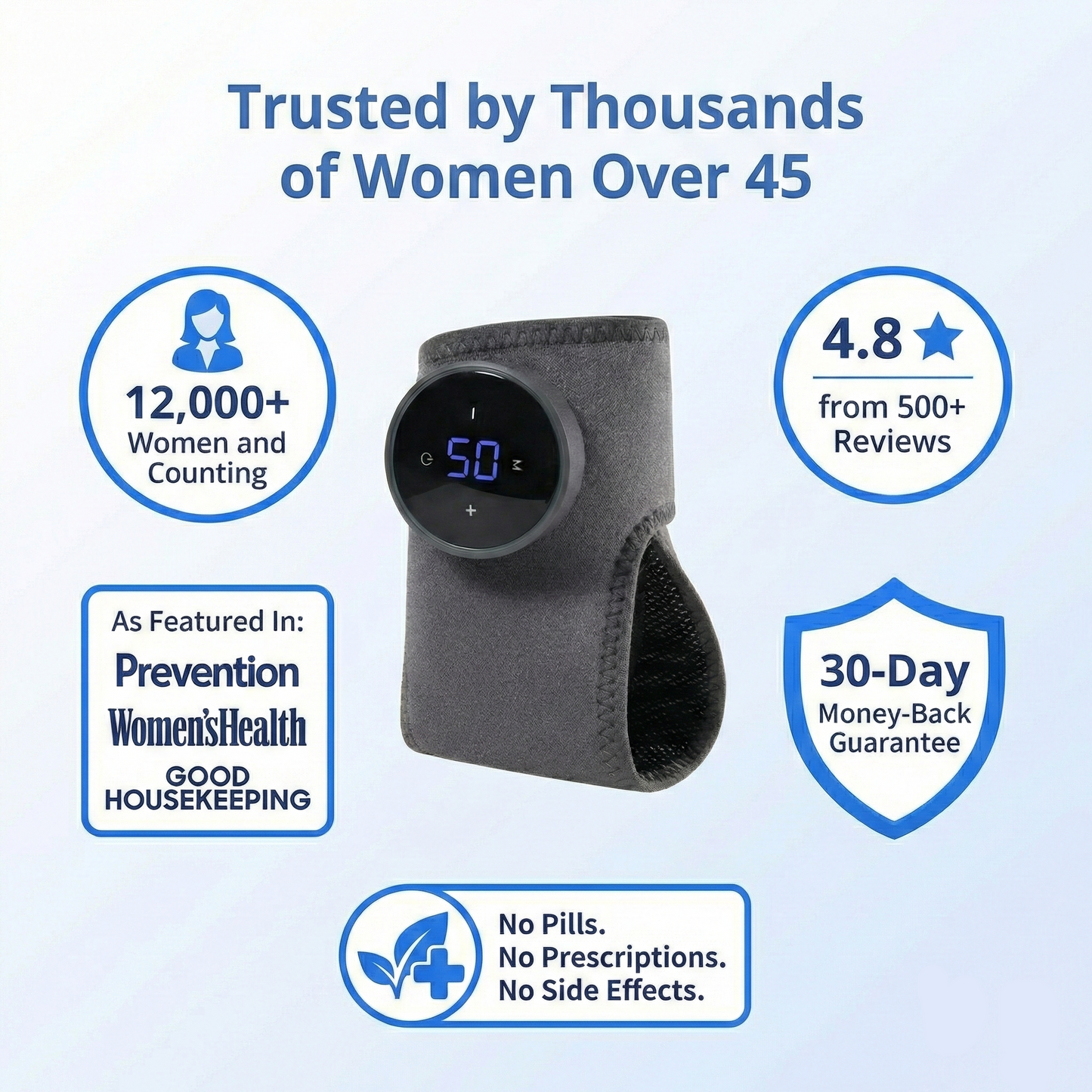 ankle massager with digital display on a light blue background with text about its trustworthiness and features.