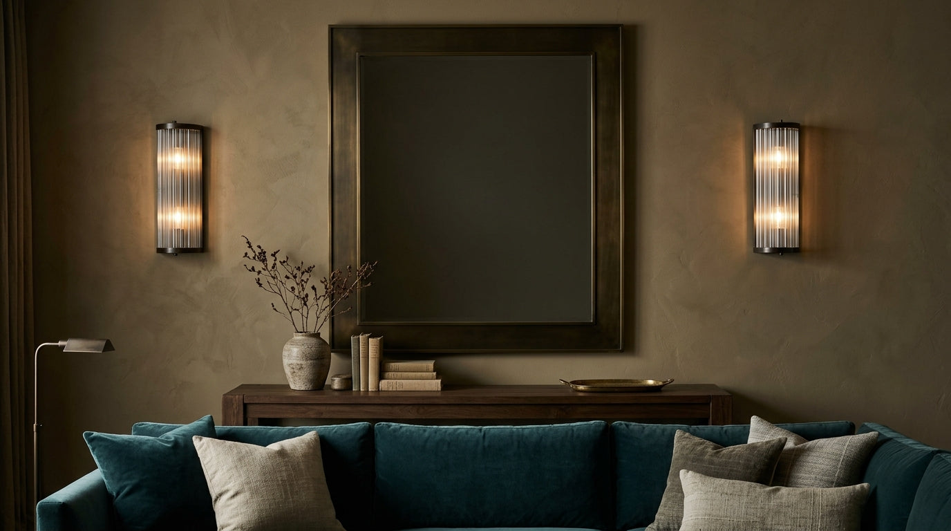 A moody, luxurious living room interior featuring a teal velvet sectional sofa, a dark wooden console table styled with rustic ceramics, and a large central mirror flanked by two glowing ribbed-glass wall sconces against a textured earth-toned wall.