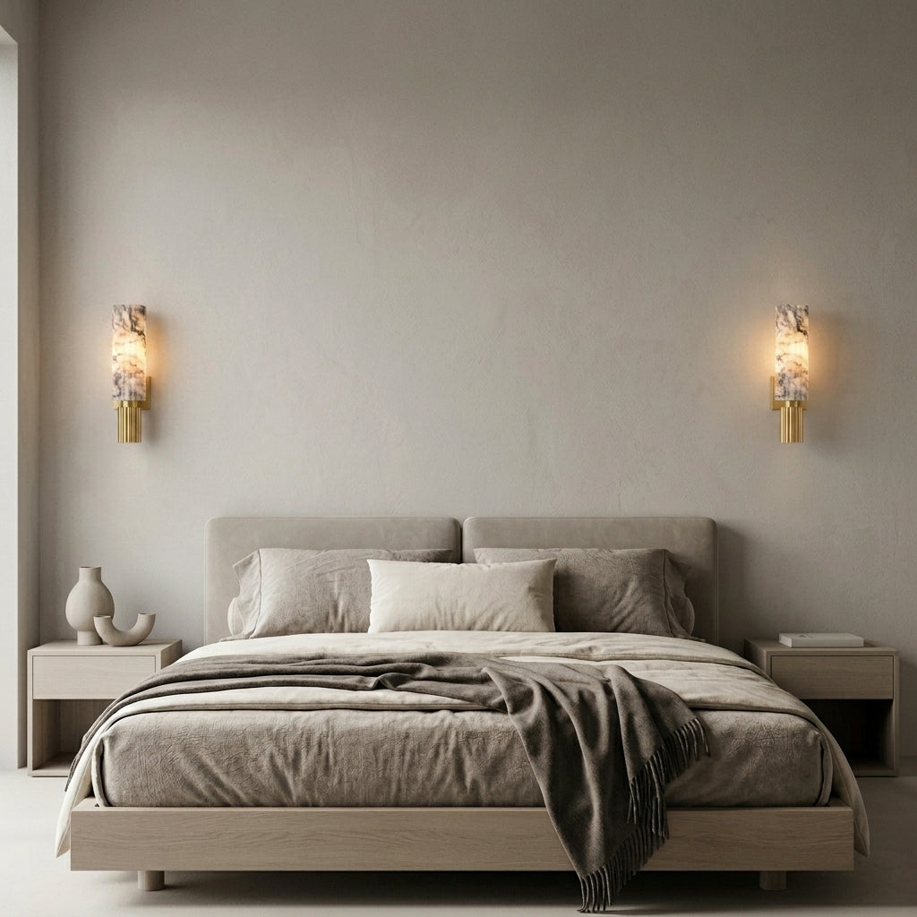 Two natural marble and gold fluted wall sconces mounted as bedside lights in a modern, neutral-toned bedroom