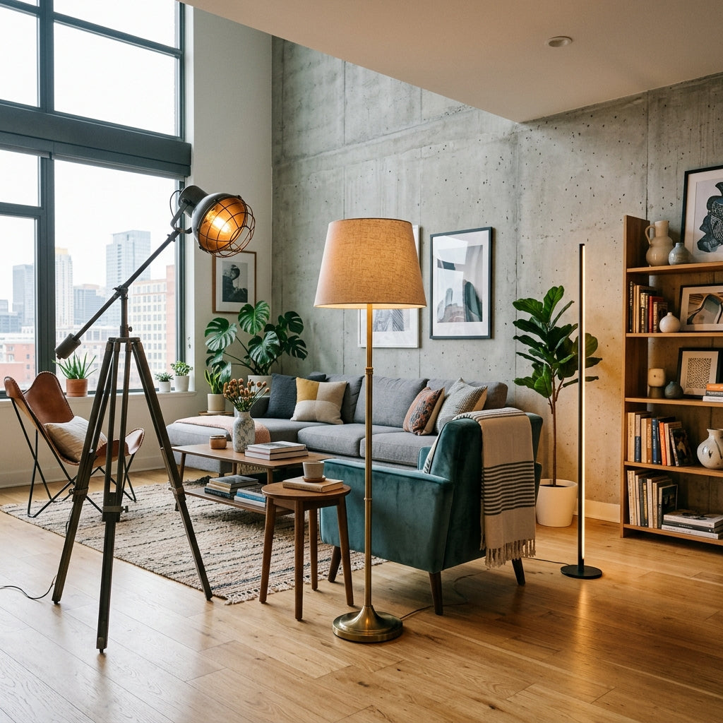 Floor lamps collection in a modern living room, featuring an industrial tripod lamp, a classic brass lamp with a fabric shade, and a minimalist LED stick lamp.