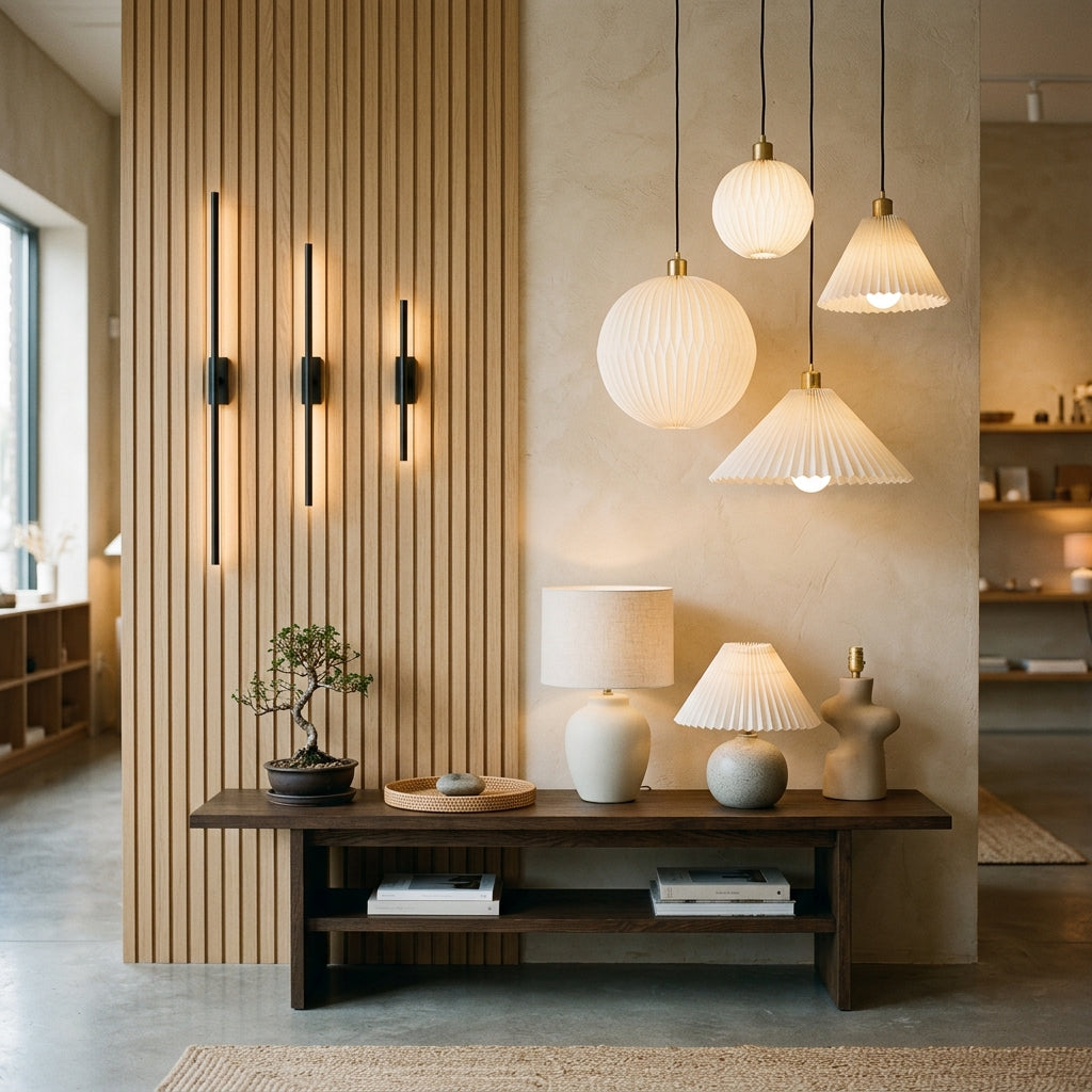 Japandi lighting collection featuring pendants, table lamps on a dark wood bench, and minimalist black linear wall sconces mounted on a slatted wood panel. Warm, ambient interior decor.
