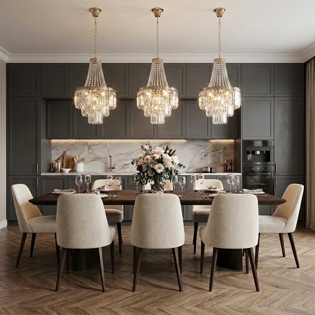 chandeliers hanging over a table in a modern dining room