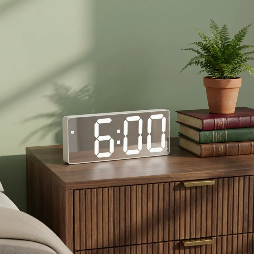 A modern digital alarm clock with a white rectangular body and glowing white LED numbers showing 6:00, placed on a wooden nightstand in a styled bedroom setting next to a potted fern and stacked books.