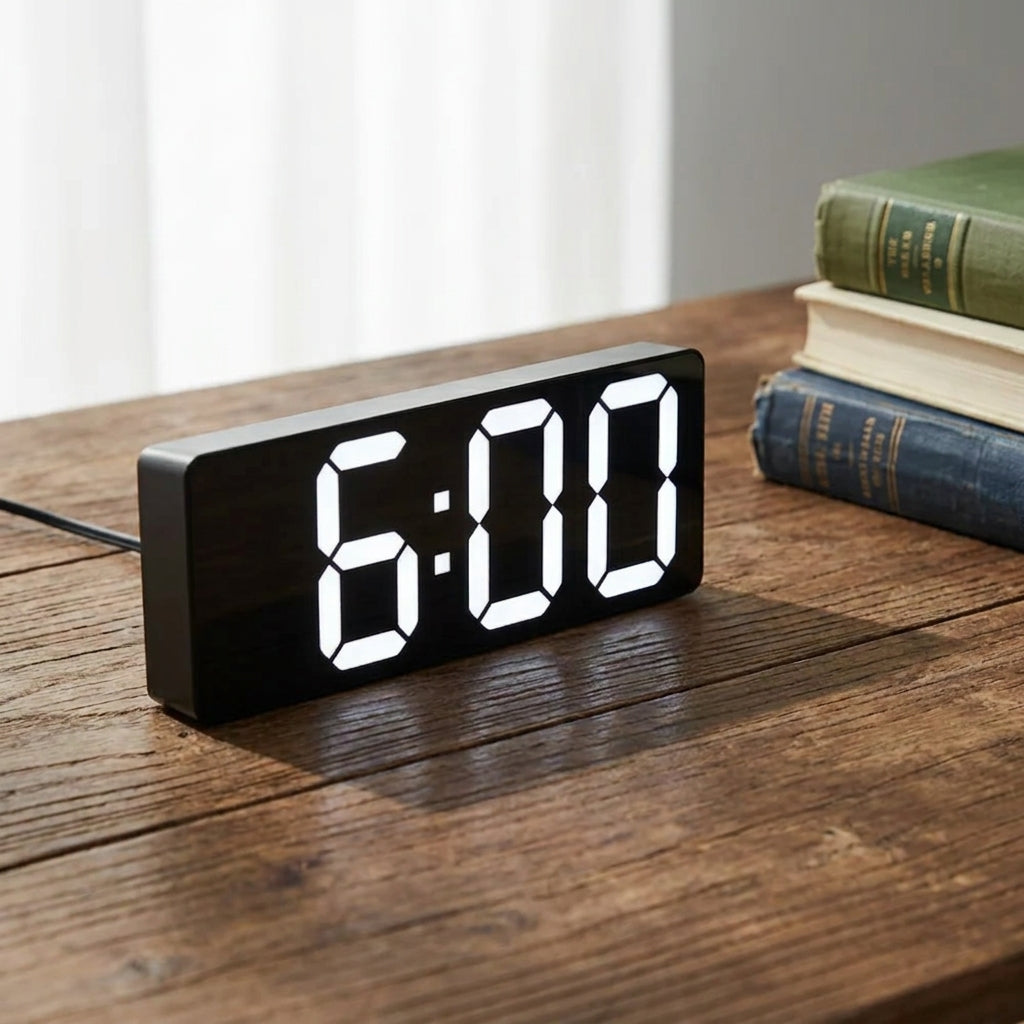 A modern black rectangular digital clock with large white LED numbers showing 6:00, placed on a wooden tabletop next to stacked books.