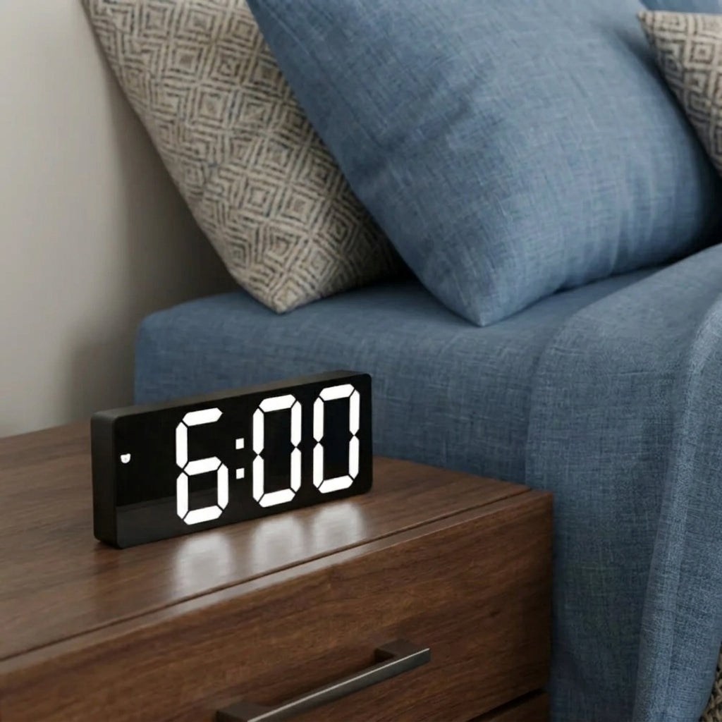 A black rectangular digital alarm clock with large white LED numbers showing 6:00, placed on a wooden nightstand beside a blue upholstered sofa with patterned pillows.