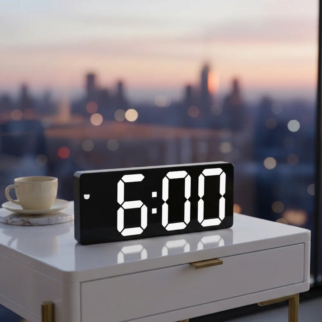 A black digital LED alarm clock displaying 6:00, placed on a white nightstand in a modern room with a blurred city skyline window view in the background.