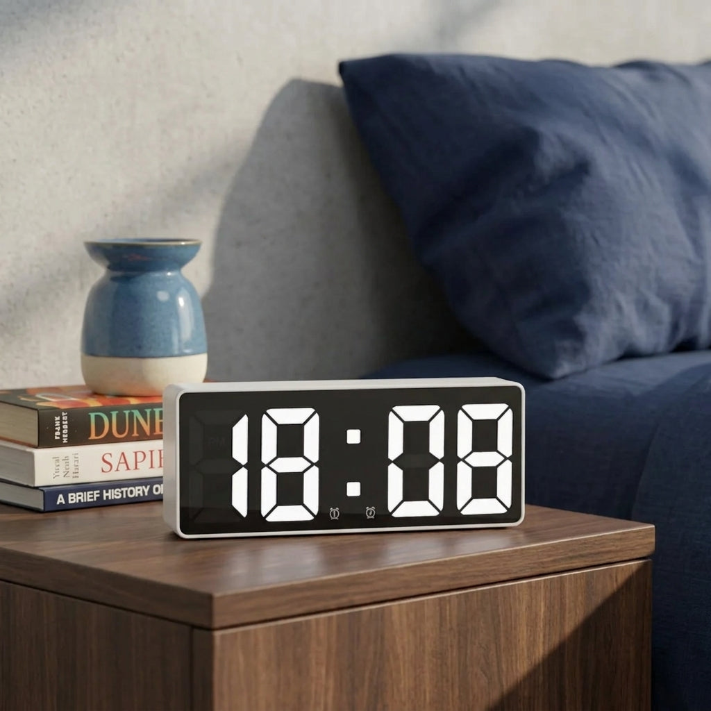 A rectangular digital alarm clock with a black face and white LED numbers sits on a wooden bedside table in a bedroom setting, with a blue pillow, books, and a small vase in the background.