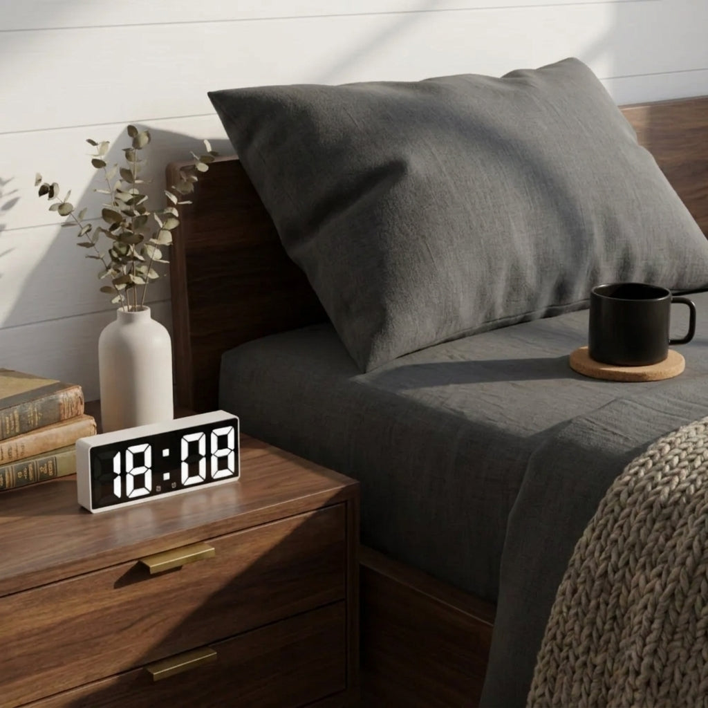 A digital LED alarm clock with a black face and white numbers sits on a dark wood nightstand next to a bed with grey bedding, a black mug on a coaster, and a white vase with dried branches.