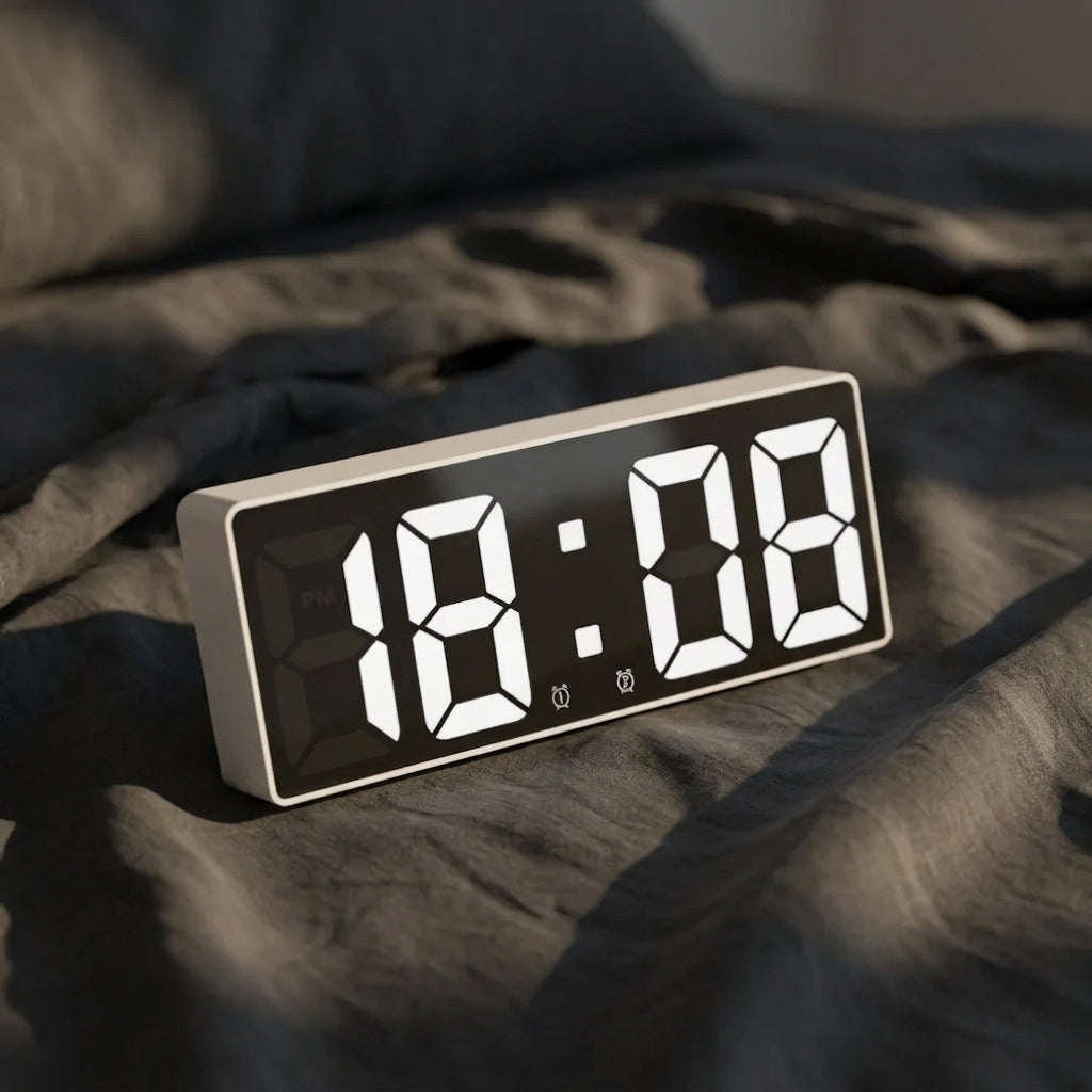 A rectangular digital alarm clock with a white frame and glowing white LED display showing 18:08, placed on rumpled dark grey bedding in a softly lit bedroom setting.
