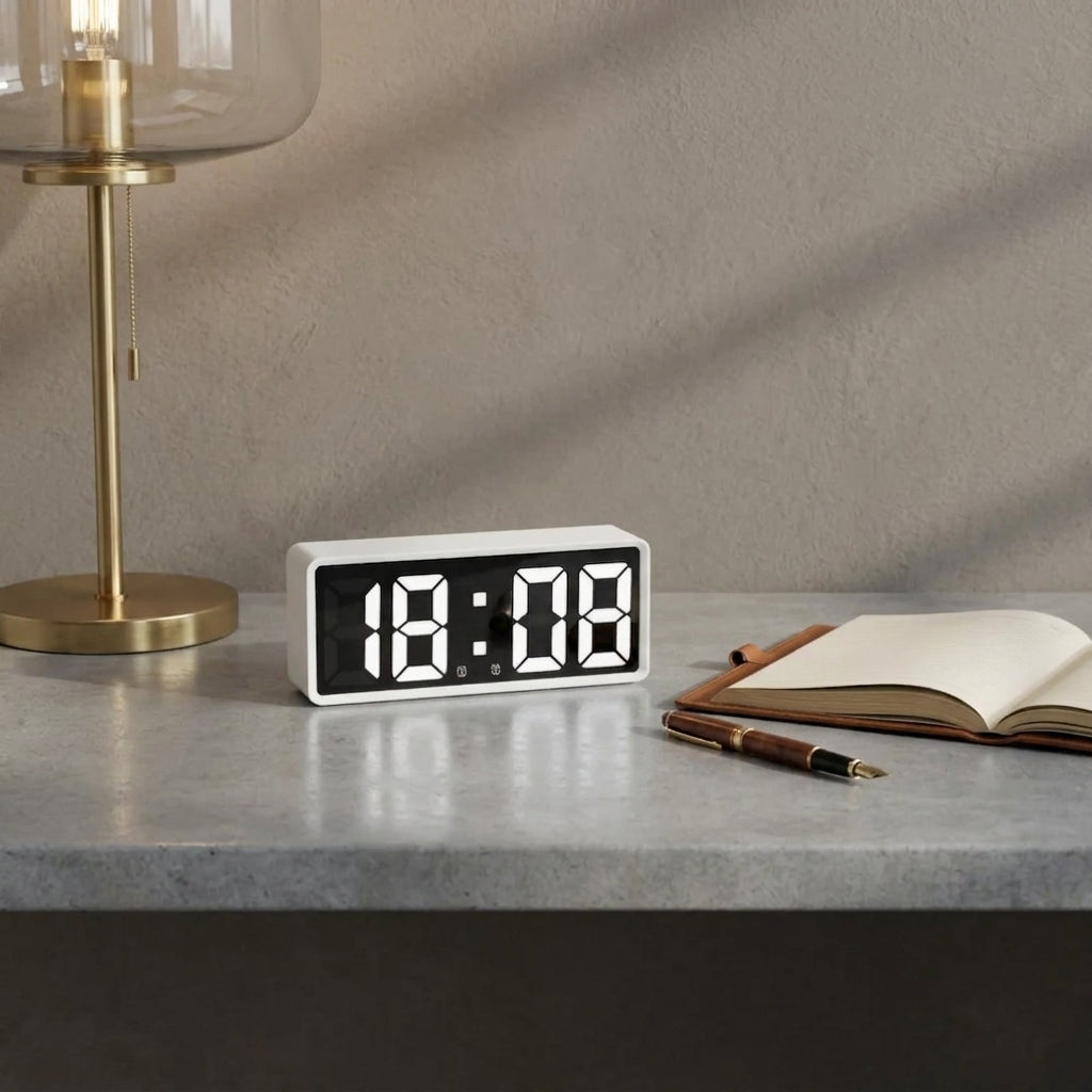 A white rectangular digital alarm clock with a black display showing 18:08, placed on a grey tabletop next to an open notebook, a pen, and a brass table lamp against a textured beige wall.