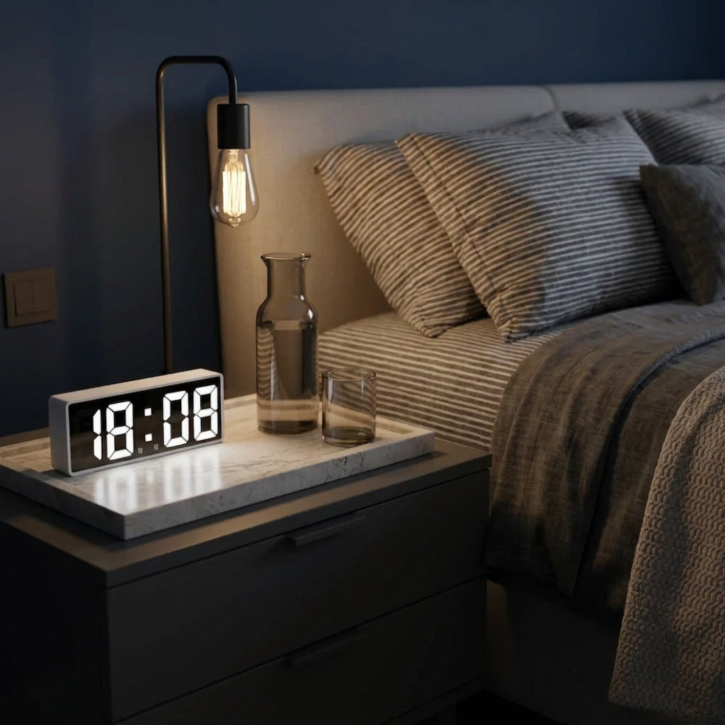 A modern digital LED alarm clock with a black face and white frame sits on a marble nightstand beside a bed. The scene is dimly lit by a black floor lamp, showing the glowing clock digits as 18:08.
