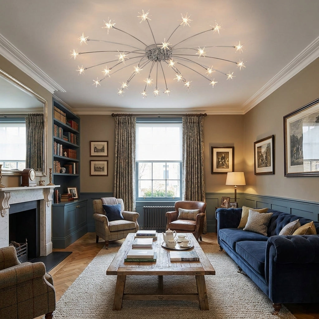 A modern multi-arm starburst chandelier with glowing bulbs hangs in a styled living room featuring a navy blue sofa, wooden coffee table, bookshelves, and a fireplace.