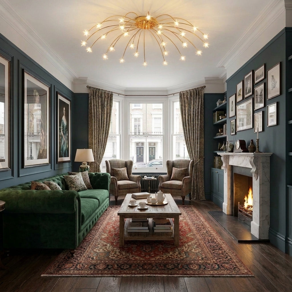A luxurious living room featuring a dark green velvet sofa, a large patterned area rug, a marble fireplace, and a gold multi-arm chandelier against dark teal walls.