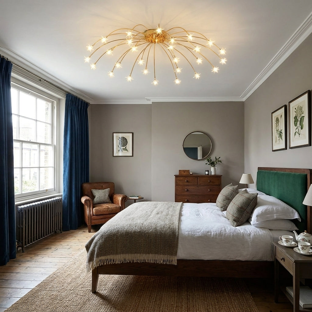 A modern multi-arm chandelier with a gold finish and glowing bulbs hangs in a styled bedroom with a wooden bed, blue curtains, and a green headboard.