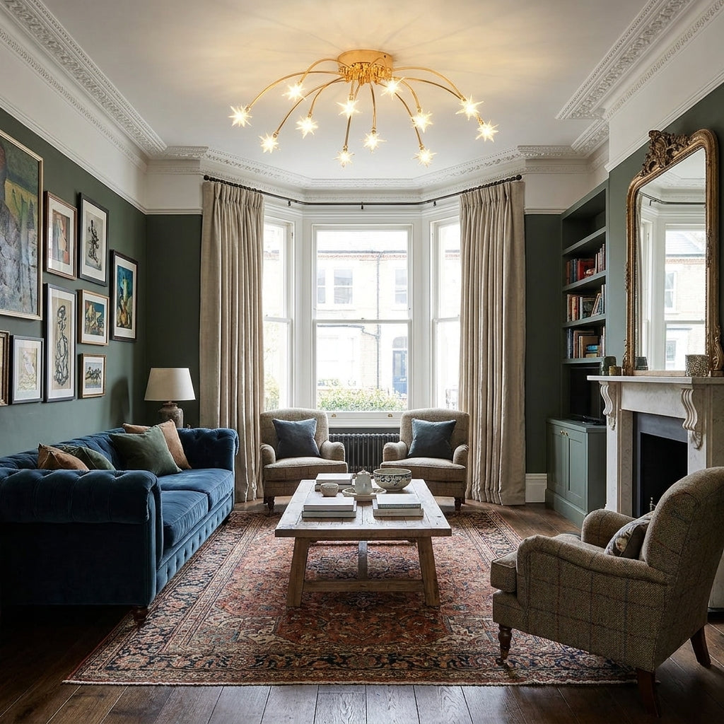A beautifully styled living room featuring a deep blue velvet sofa, a beige armchair, a matching armchair by a bay window, a patterned oriental rug, dark green walls, and a gold multi-arm chandelier.