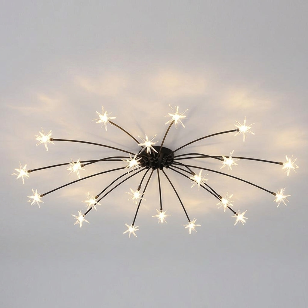a modern sputnik starburst ceiling light chandelier with multiple black arms that have star bulbs at the end against a grey background