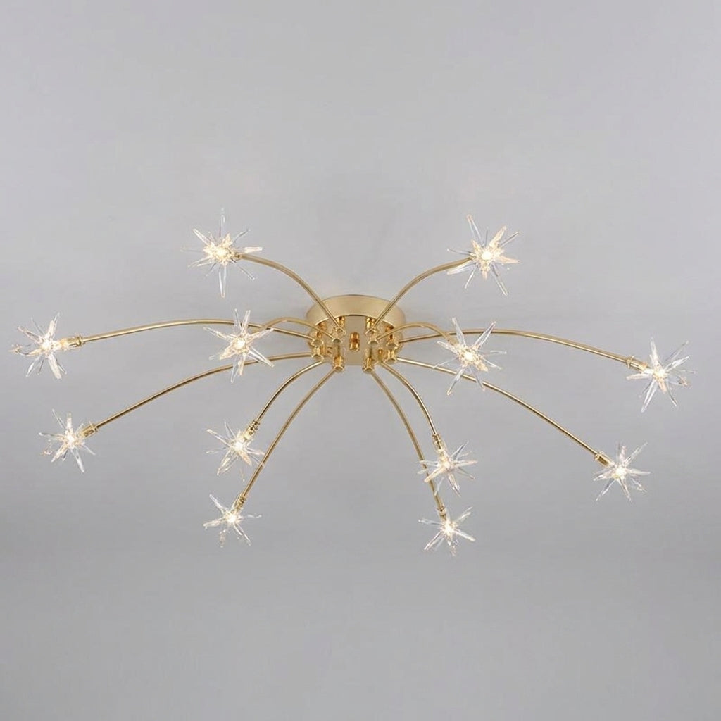 sputnik starburst modern chandelier with multiple extending arms in gold colour with star shaped bulbs at the ends glowing against a grey background