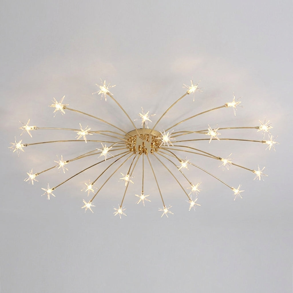 A modern semi-flush mount ceiling light fixture with a gold-toned circular centre and multiple thin radial arms ending in starburst-shaped bulbs, shown against a plain light grey ceiling.