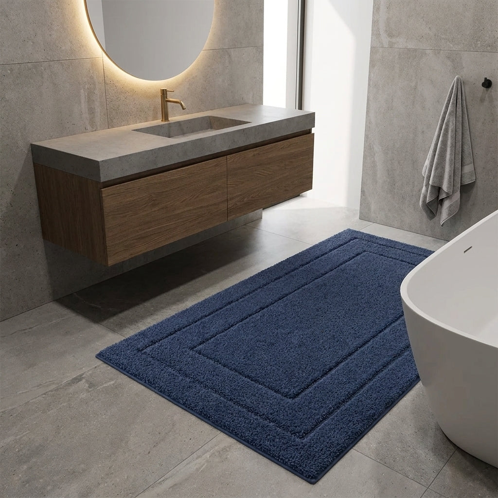 A dark blue rectangular bath mat with concentric raised borders lies on a grey tiled bathroom floor between a floating wood vanity and a white bathtub.