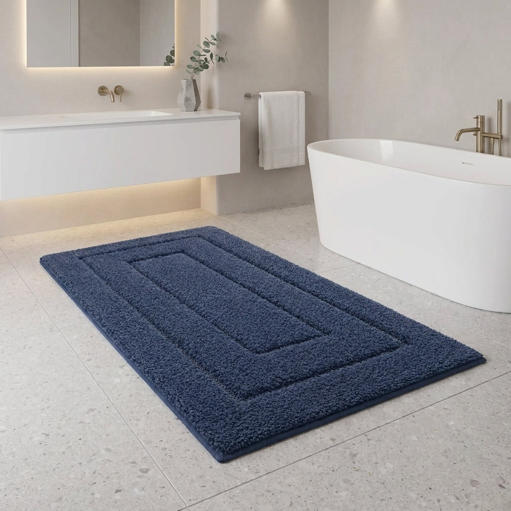 A dark blue rectangular bath mat with concentric raised borders, shown on a light grey tiled bathroom floor between a white freestanding bathtub and a modern floating vanity.