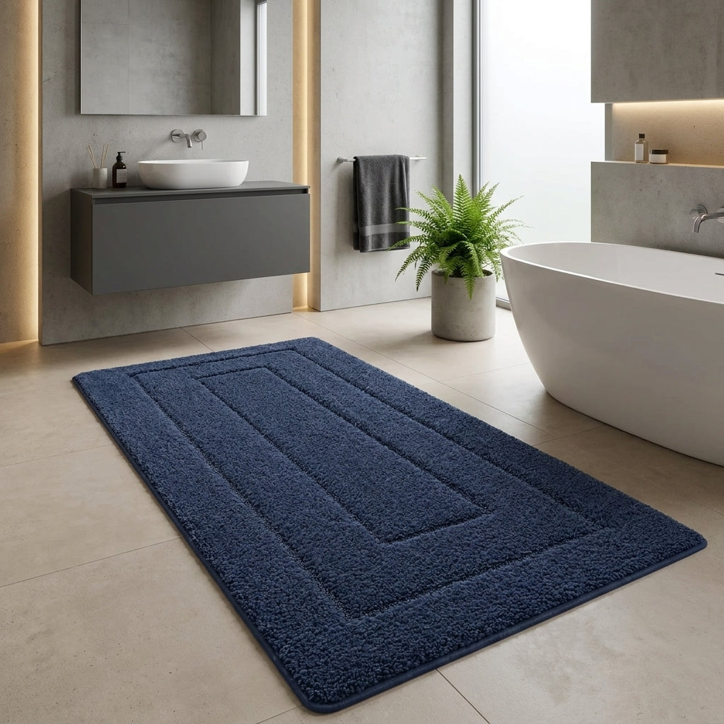 A dark navy blue rectangular bath mat with concentric raised borders, shown on a light beige tiled bathroom floor next to a white freestanding bathtub and a potted plant.