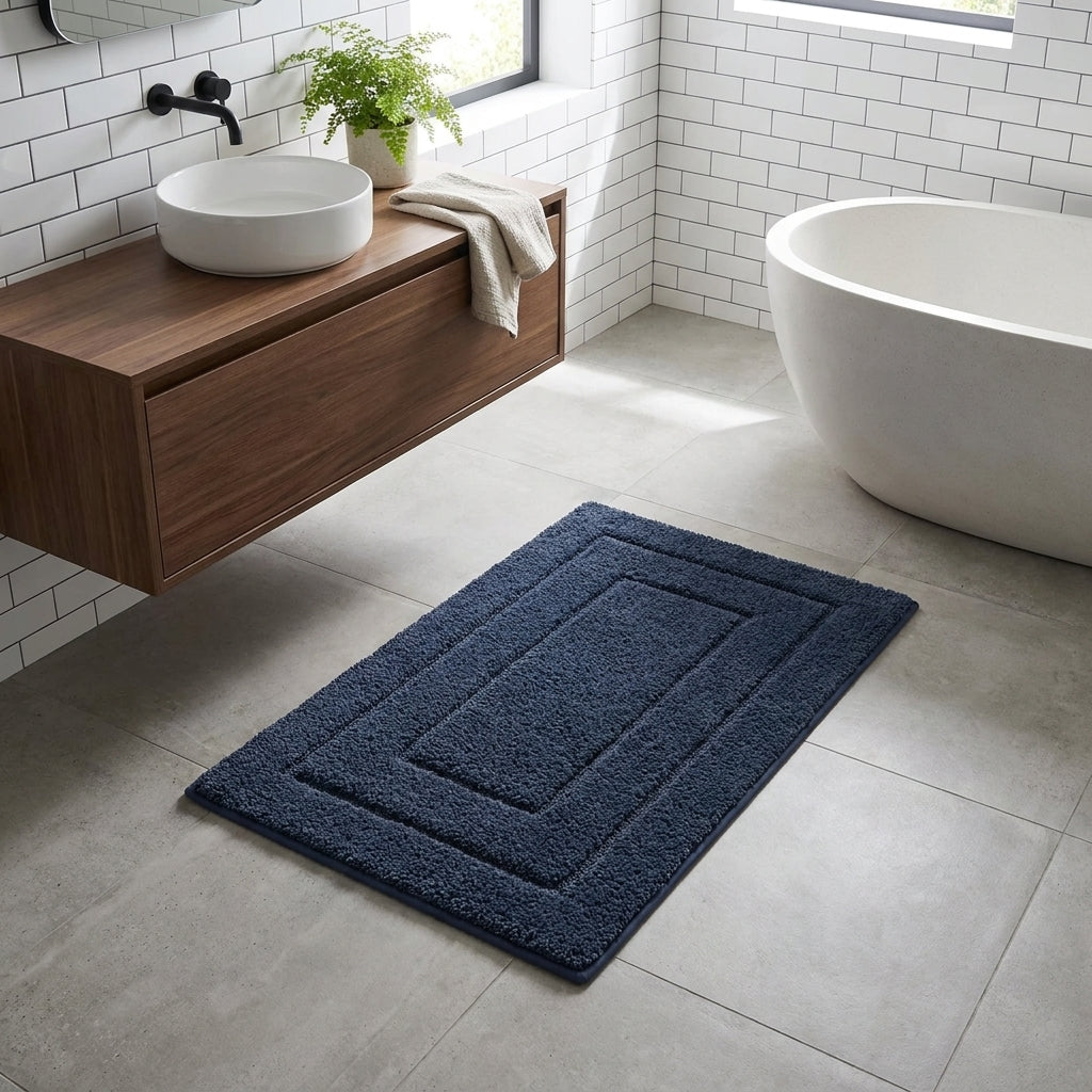 A dark navy blue rectangular bath mat with concentric rectangular borders lies on a light grey tiled bathroom floor. The bathroom features a floating dark wood vanity with a white vessel sink, a white towel, and a white freestanding bathtub.