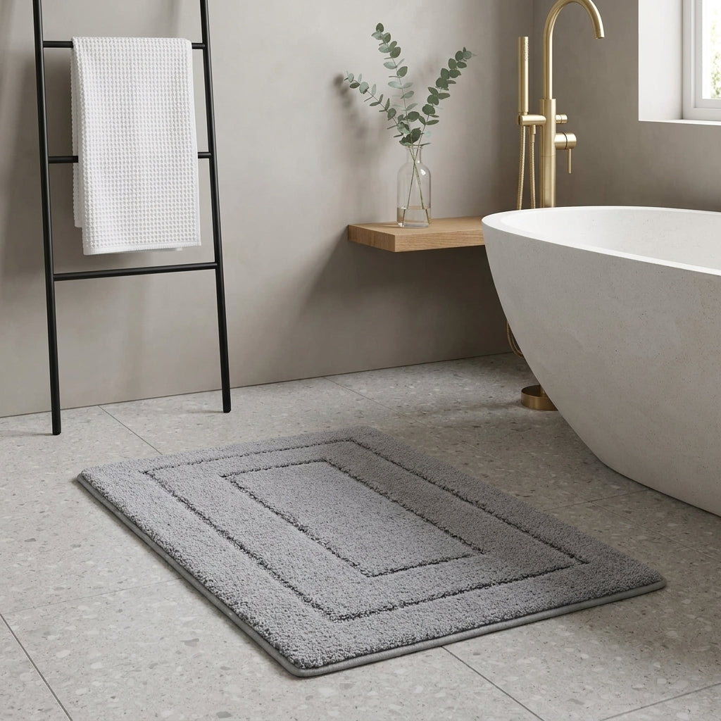A rectangular grey bath mat with concentric rectangular borders lies on a light stone bathroom floor beside a white freestanding bathtub, a black towel ladder with a white towel, and a small floating shelf with a glass vase.