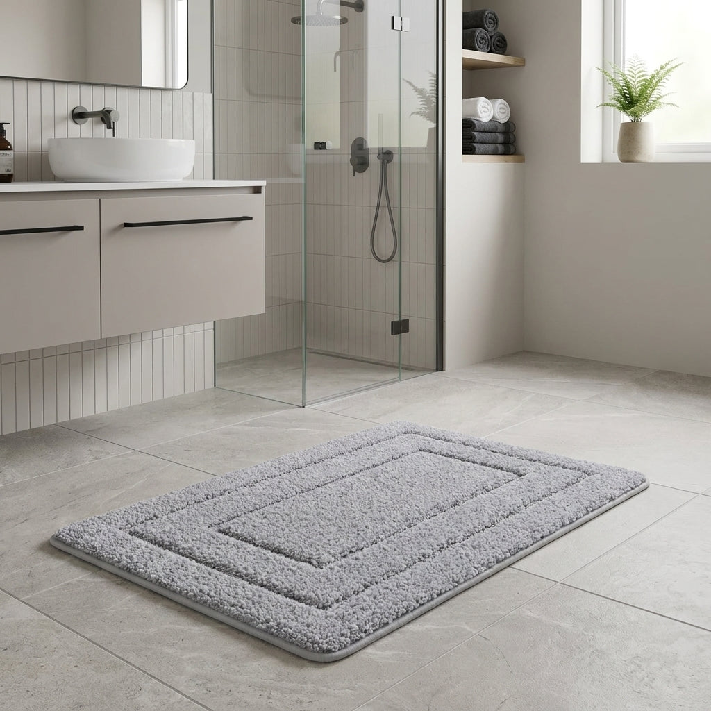 A rectangular grey bath mat with a textured, shaggy surface and raised concentric border details, placed on a light grey tiled bathroom floor in front of a glass shower enclosure.
