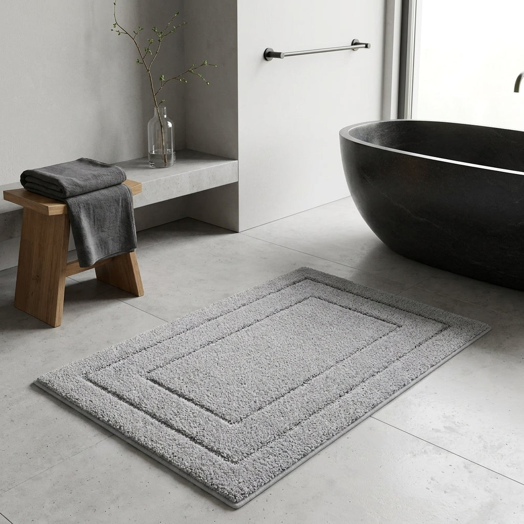 A rectangular grey bath mat with concentric border stitching, shown on a light grey tiled bathroom floor next to a black freestanding bathtub and a small wooden bench with a folded grey towel.