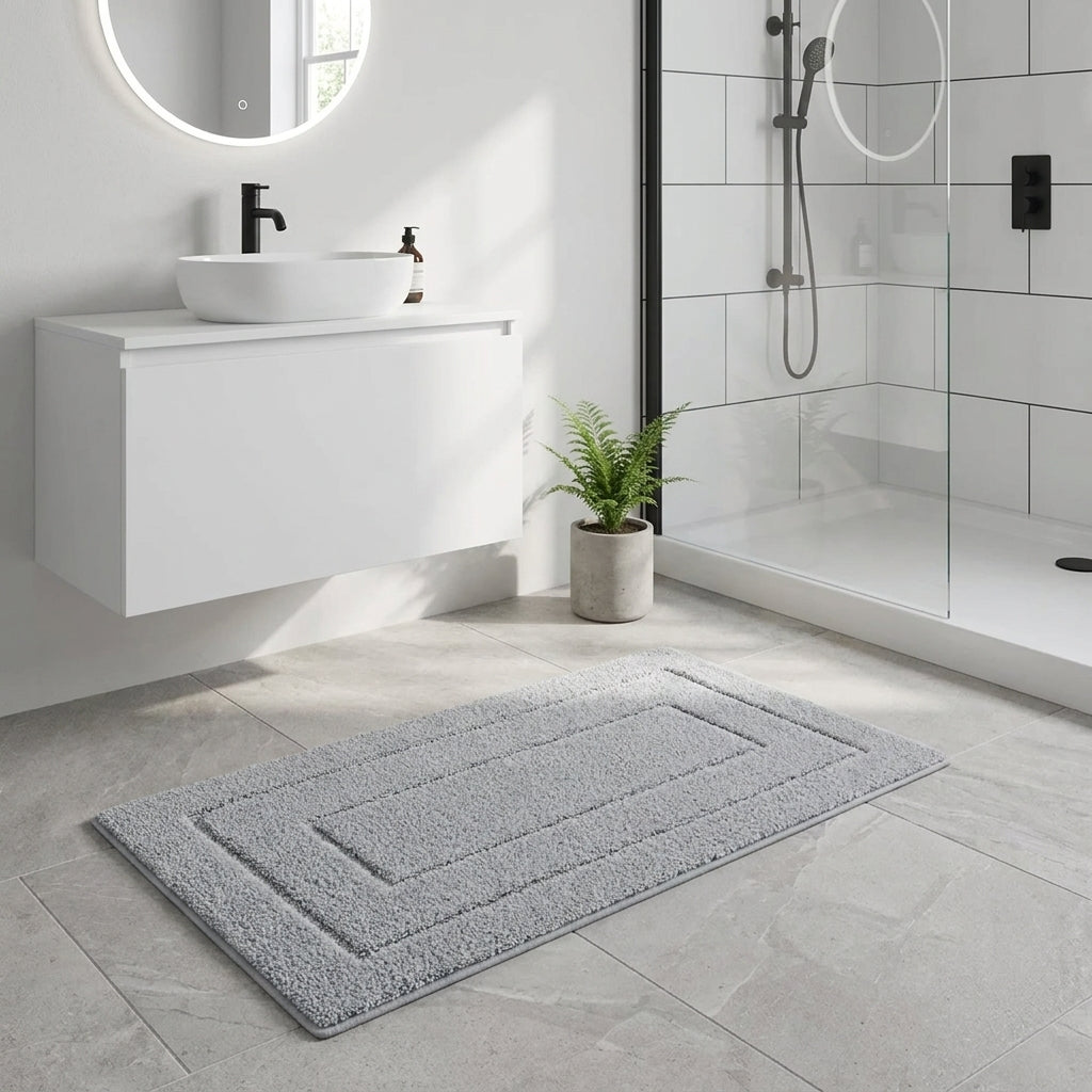 A rectangular grey bath mat with concentric rectangular tufted borders lies on a light grey tiled bathroom floor. The bathroom includes a white floating vanity with a white vessel sink, a round backlit mirror, a small potted fern, and a glass shower enclosure.