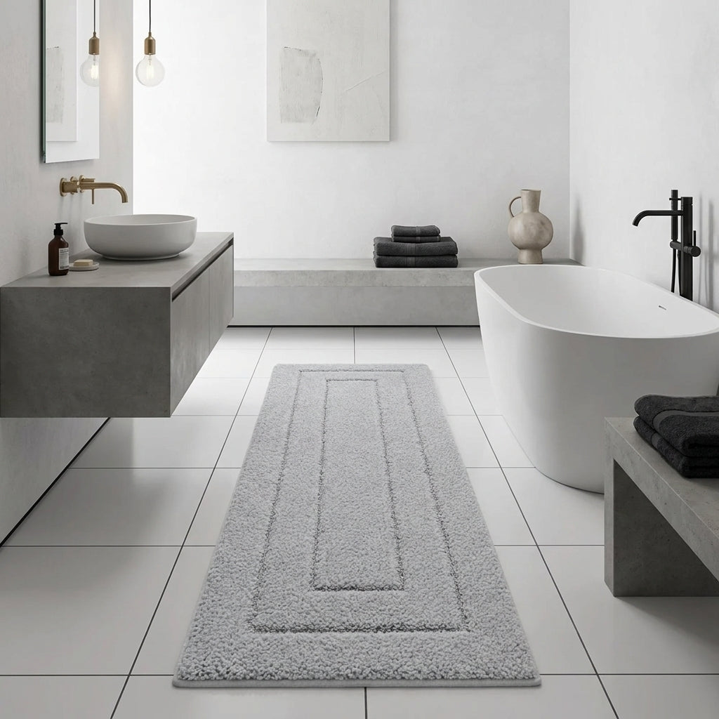 A light grey rectangular bath mat with layered rectangular embossed borders, displayed on a white tiled bathroom floor between a floating grey console with a white vessel sink and a white freestanding bathtub.