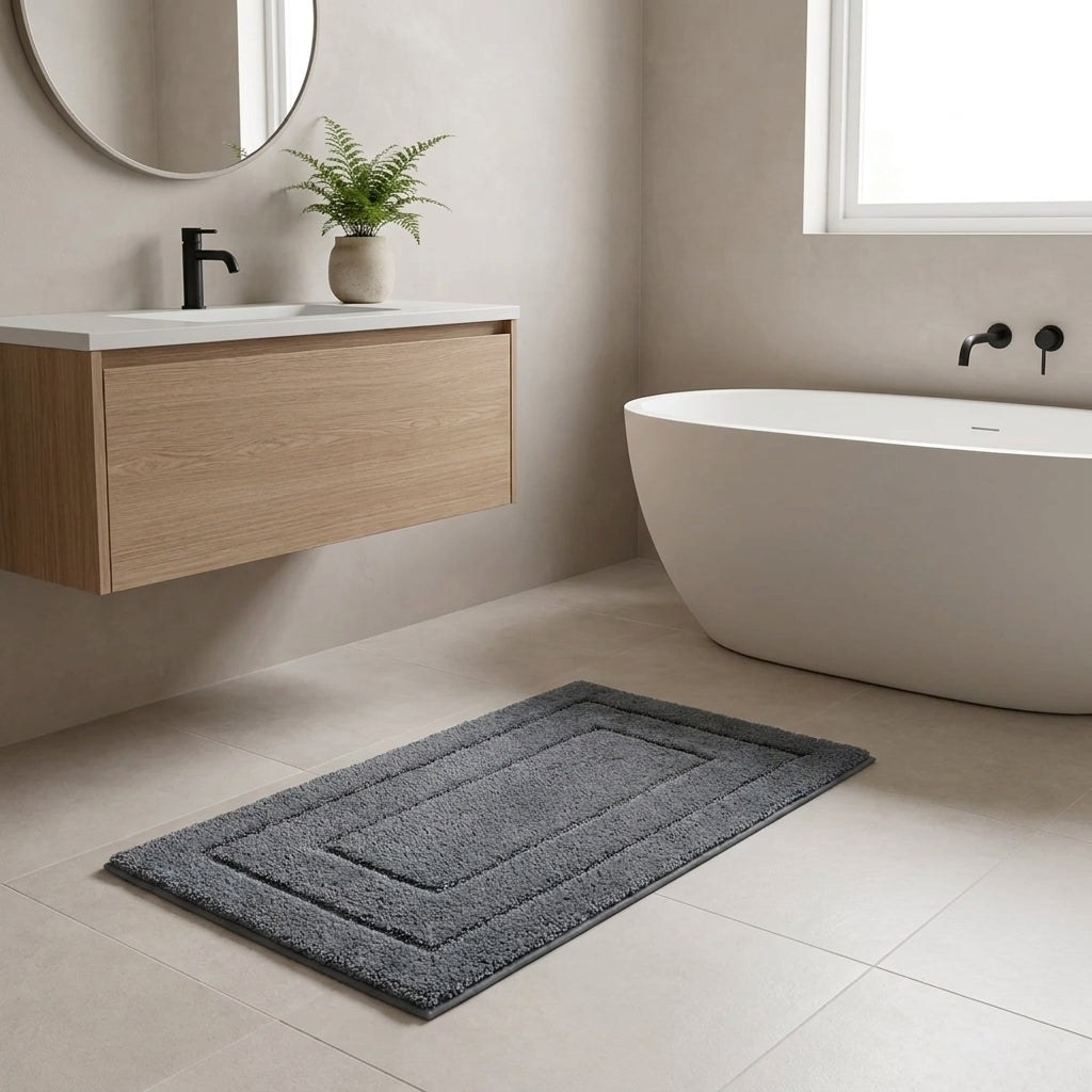 A dark grey rectangular bath mat with concentric raised borders lies on a light beige tiled bathroom floor. The bathroom features a floating light wood vanity with a white sink, a round mirror, and a freestanding white bathtub by a window.
