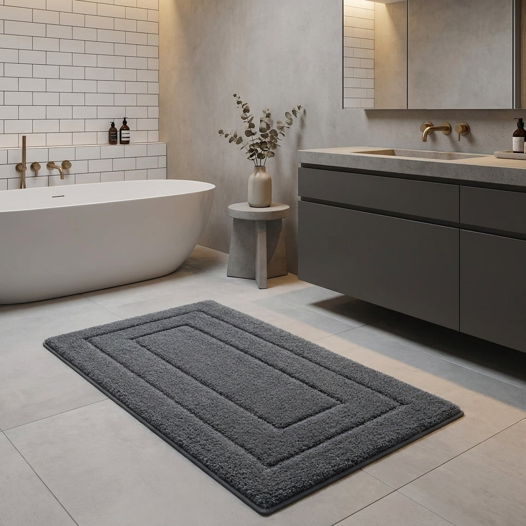 A dark grey rectangular bath mat with concentric raised borders, shown on a light grey tiled bathroom floor between a freestanding white tub and a grey vanity.
