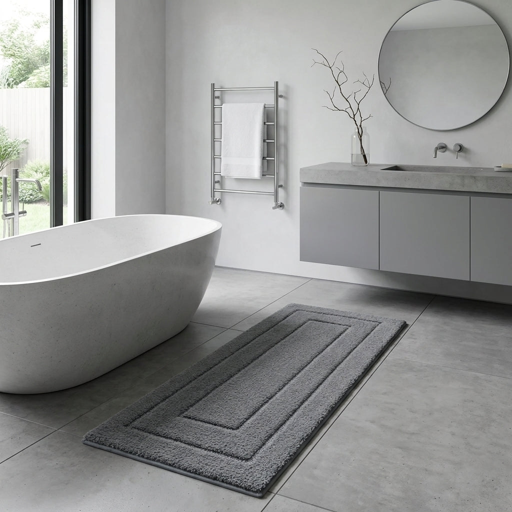 A grey rectangular bath mat with concentric border tufting lies on a grey tiled bathroom floor next to a white freestanding bathtub and a modern grey vanity.