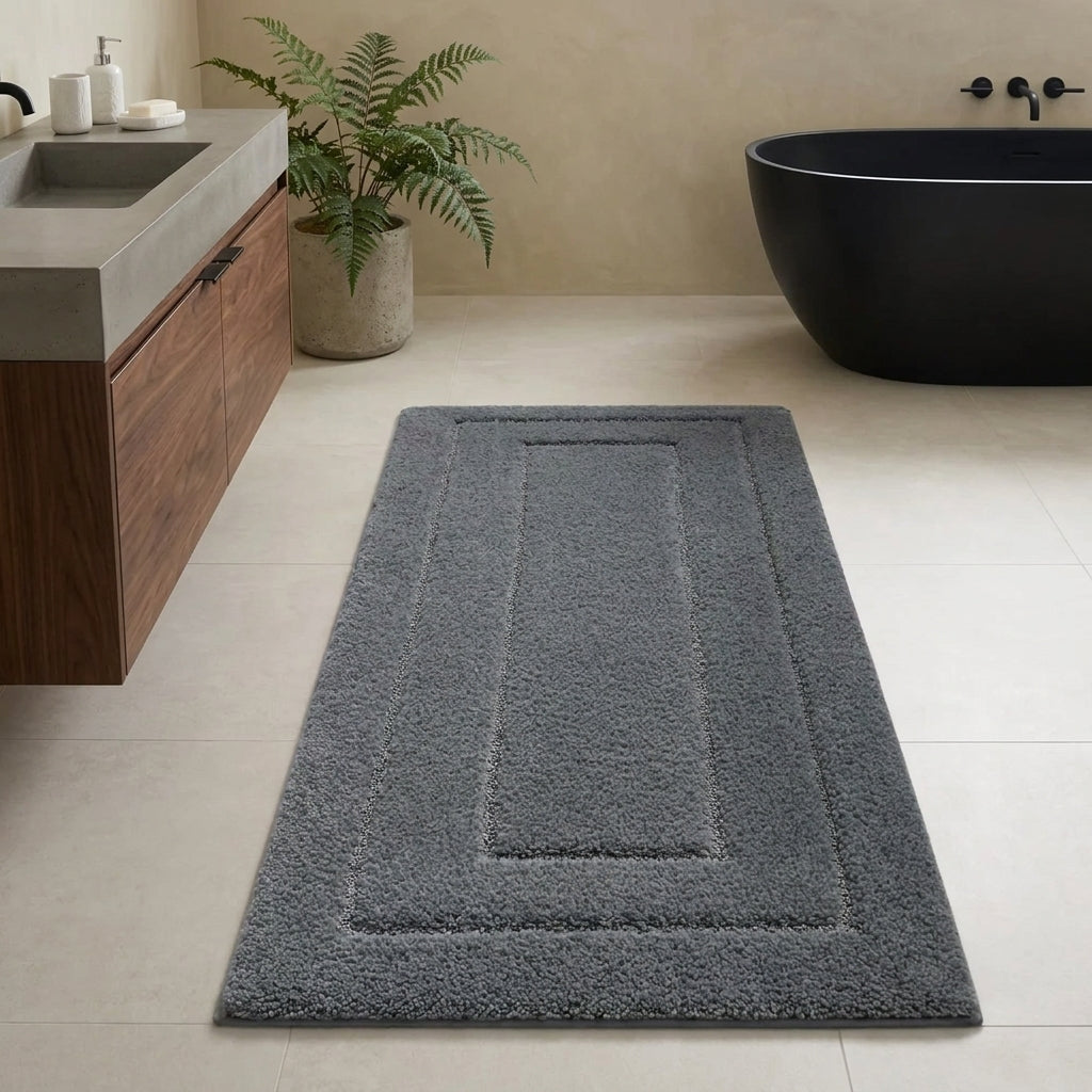 A dark grey rectangular bath mat with raised rectangular borders, shown on a light beige tiled bathroom floor. A modern black freestanding bathtub, a wooden vanity with a concrete sink, and a potted plant are visible in the background.