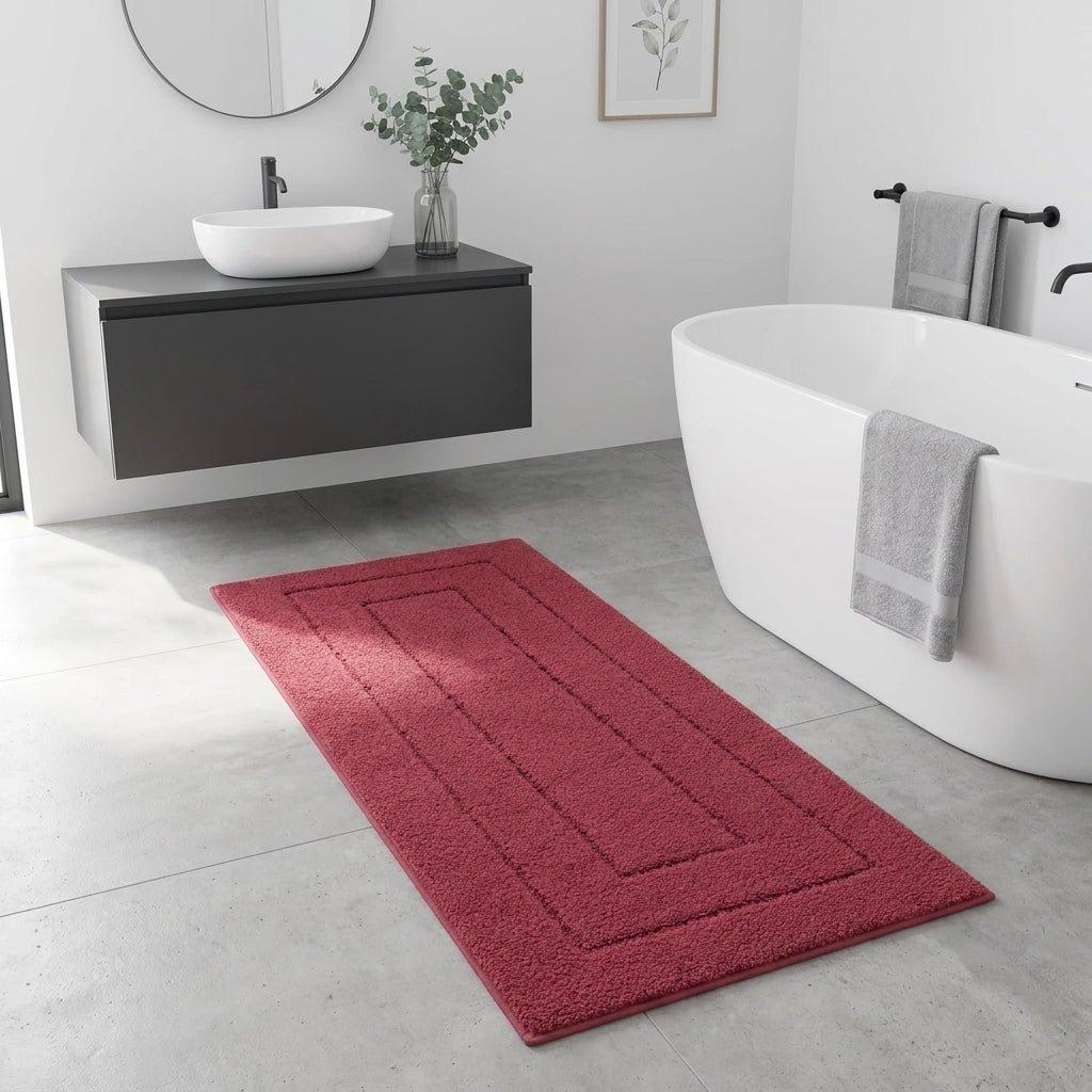 A rectangular bath mat in a deep red colour, featuring concentric rectangular stitched borders. It is shown on a light grey tiled bathroom floor next to a white freestanding bathtub with a grey towel draped over the edge.