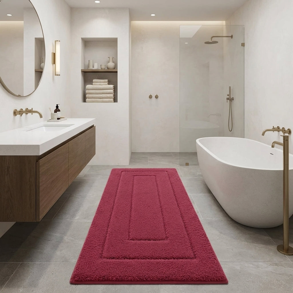 A rectangular bath mat in red colour with concentric rectangular borders, placed on a grey tiled bathroom floor between a floating wooden vanity and a white freestanding bathtub.