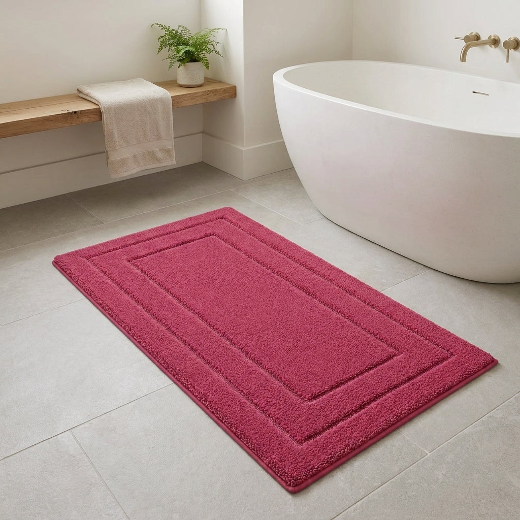 A rectangular bath mat in a red colour with raised concentric border details, shown on a light grey tiled bathroom floor next to a white freestanding bathtub.