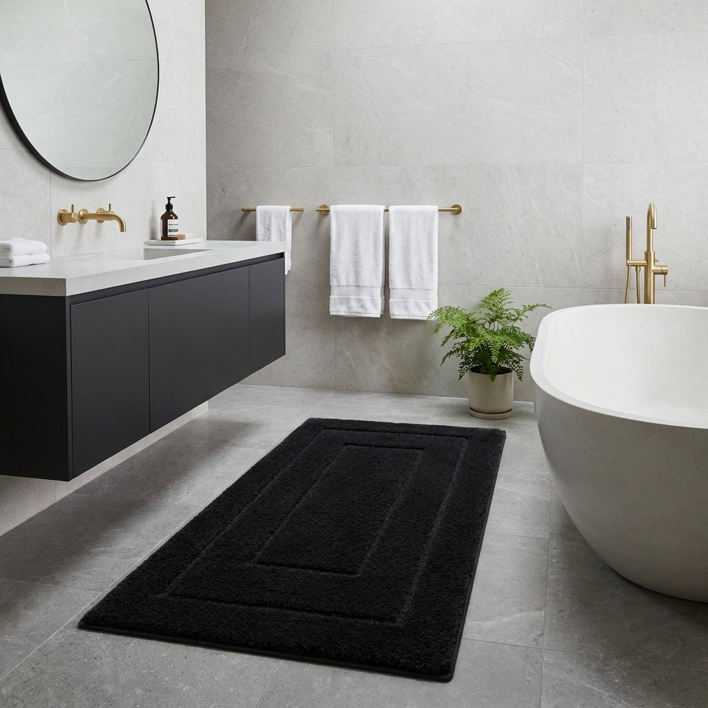 A black rectangular bath mat with concentric border stitching lies on a grey tiled bathroom floor. The bathroom features a floating dark grey vanity, white towels on brass fixtures, a round mirror, and a freestanding white bathtub.