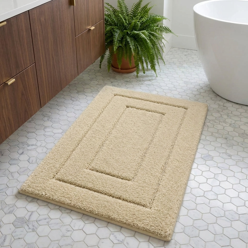 A beige rectangular bath mat with concentric square borders and a shaggy texture, shown on a white hexagonal tile bathroom floor next to a wooden vanity and a potted fern.