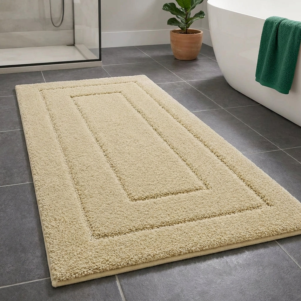 A rectangular beige bath mat with a raised concentric rectangular border, shown on a dark grey tiled bathroom floor next to a white bathtub with a green towel.