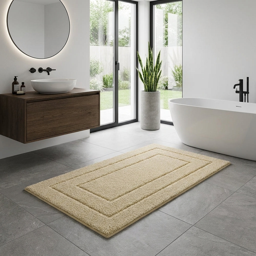 A rectangular beige bath mat with concentric square raised borders lies on a grey tiled bathroom floor. The bathroom includes a floating dark wood vanity with a white vessel sink, a large round backlit mirror, a freestanding white tub, black fixtures, and a tall potted plant near tall windows.