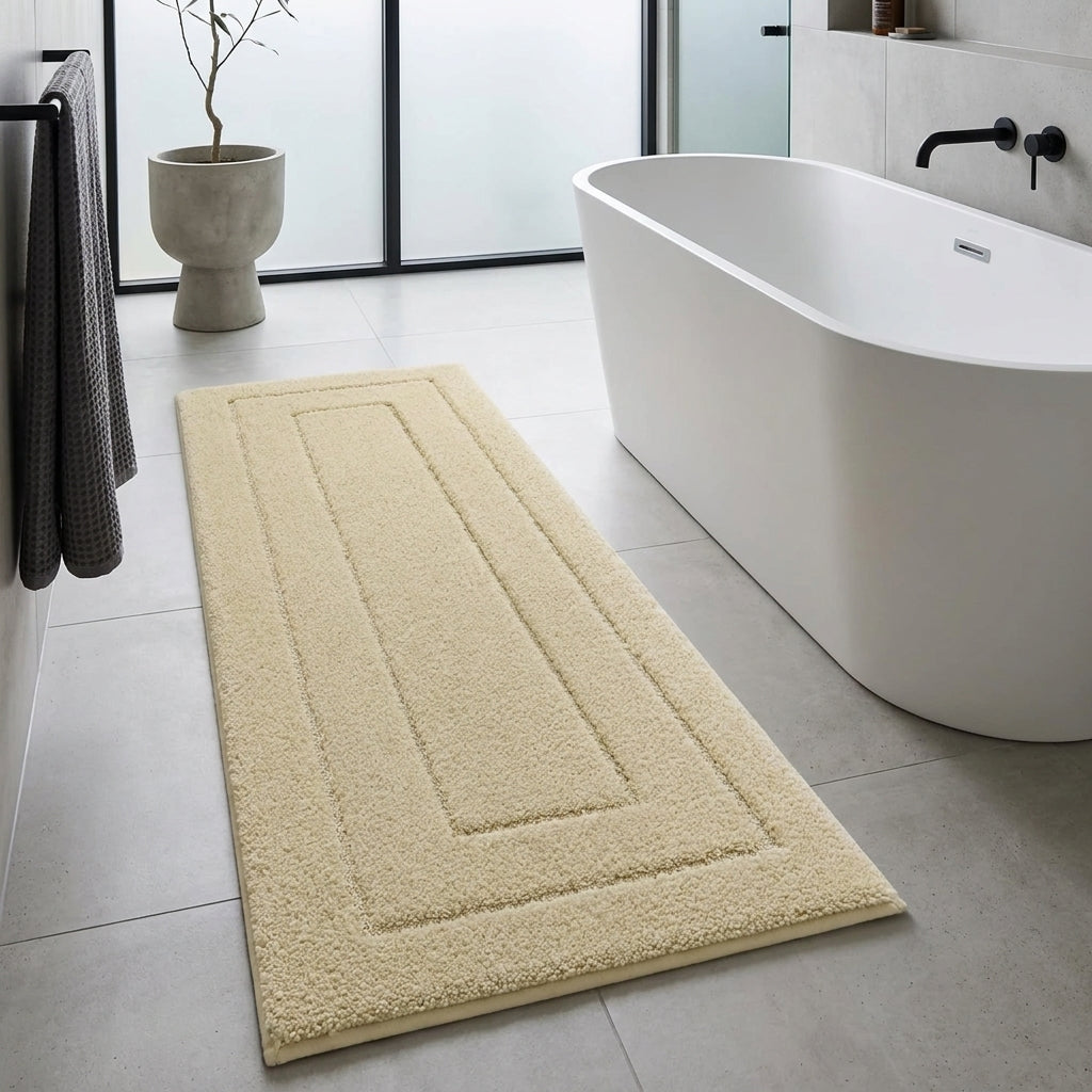 A rectangular beige bath mat with a raised geometric border design, shown on a light grey tiled bathroom floor next to a white freestanding bathtub.