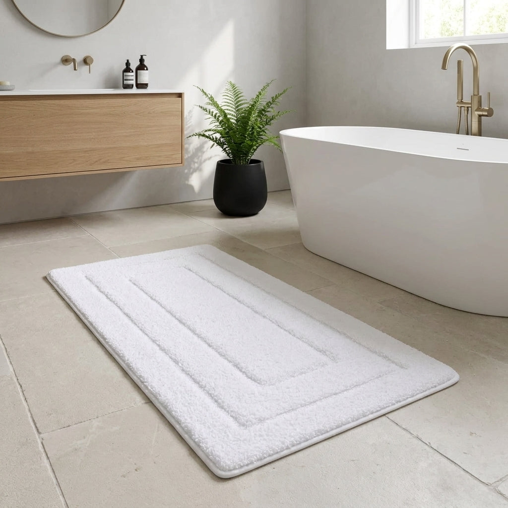 A white rectangular bath mat with raised concentric border ridges, shown on a light beige tiled bathroom floor next to a freestanding white bathtub and a potted fern.