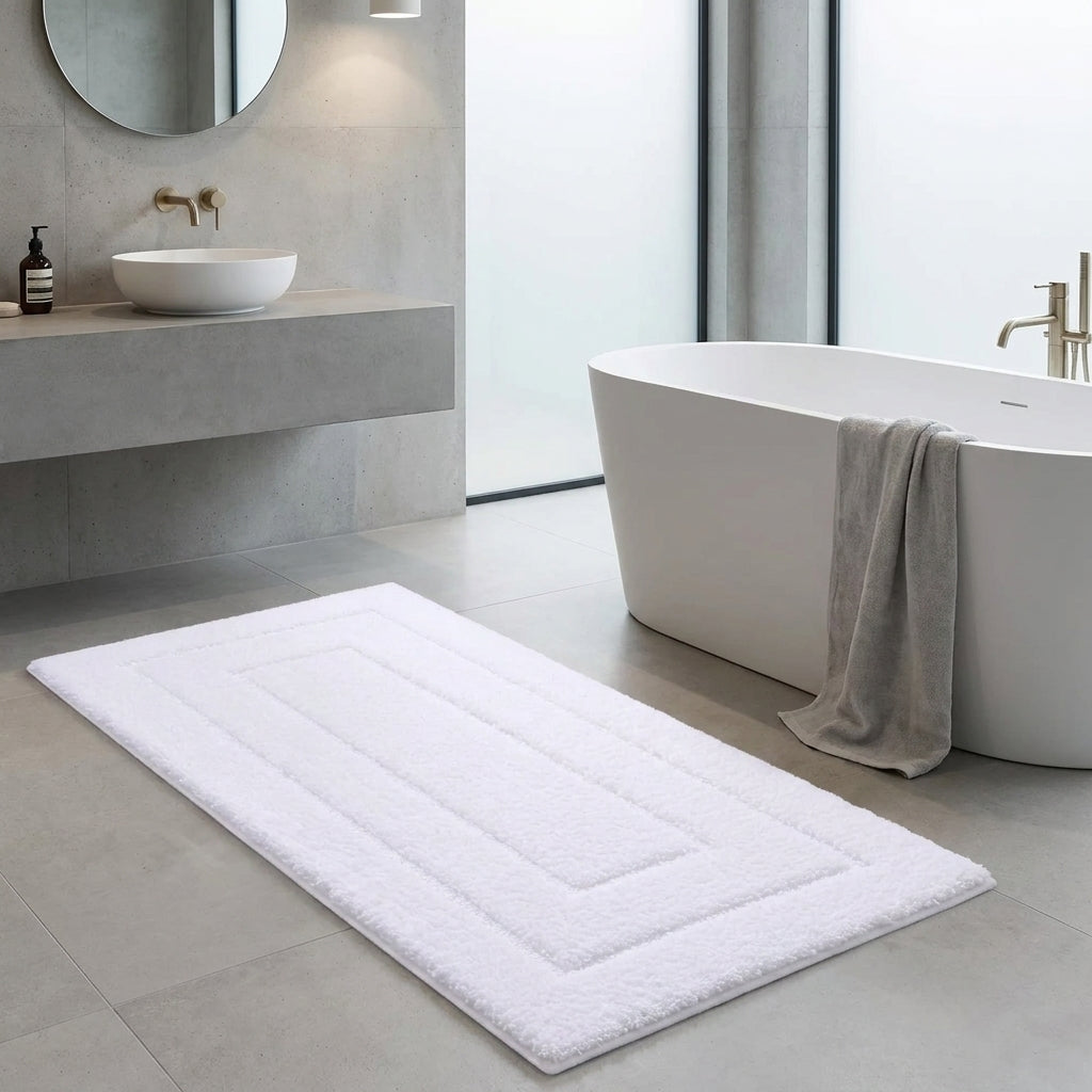 A white rectangular bath mat with concentric square borders lies on a light grey tiled bathroom floor next to a freestanding white bathtub with a grey towel draped over the edge.