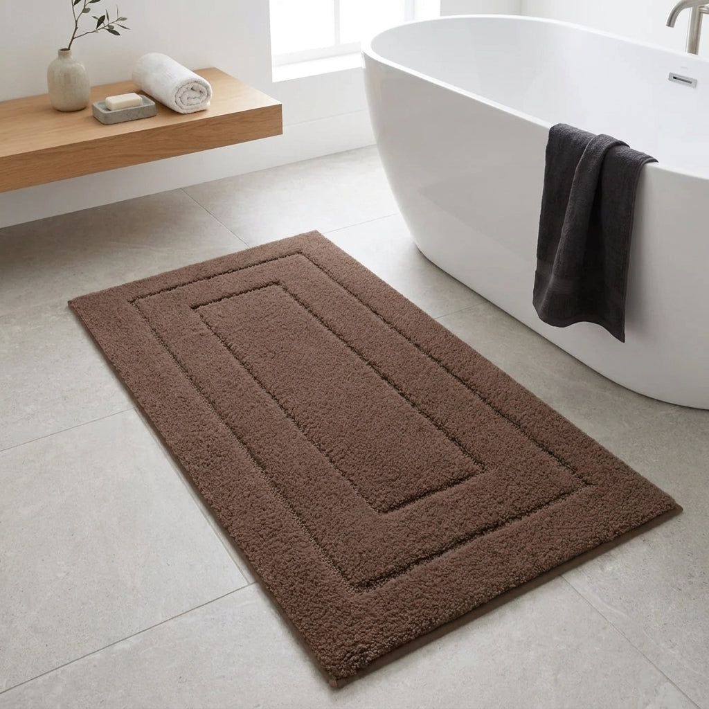 rectangular brown mat laying on the bathroom floor next to a floating shelf and a white bathtub