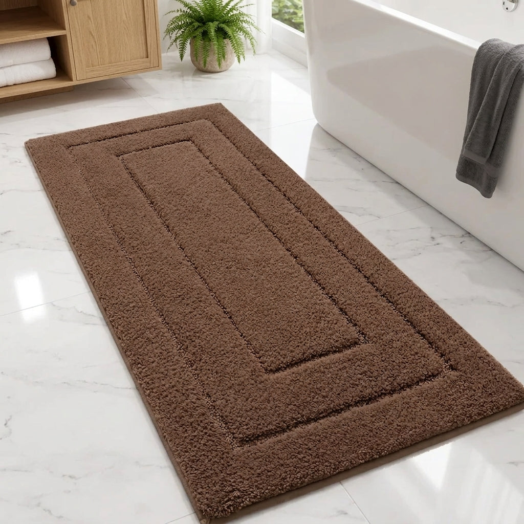 rectangular brown bath mat laying on the textures bathroom tiles right next to white bathtub and a potted plant