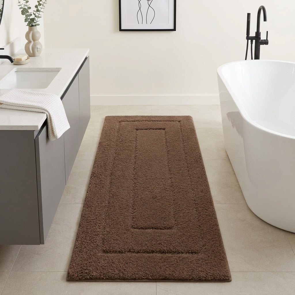 brown rectangular bath mat laying on the light beige bathroom tiles next to floating shelf and a white bathtub