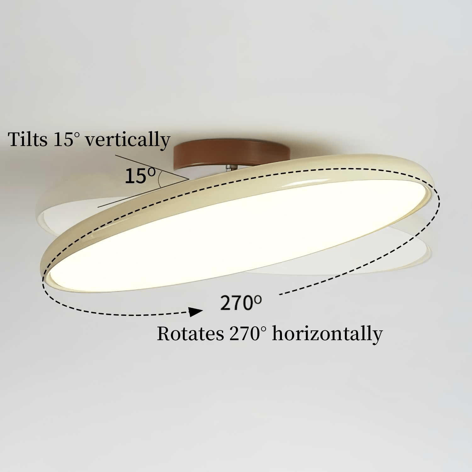 Diagram demonstrating the adjustable ceiling light tilting 15 degrees vertically and rotating 270 degrees horizontally